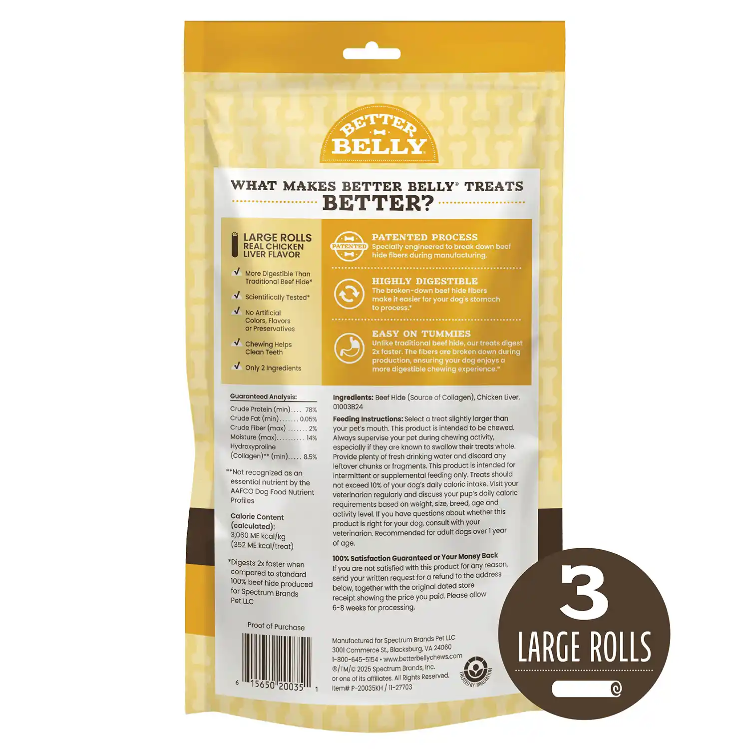 Better Belly Large Chicken Liver Rolls Dog Chews, 3 Count Back Render