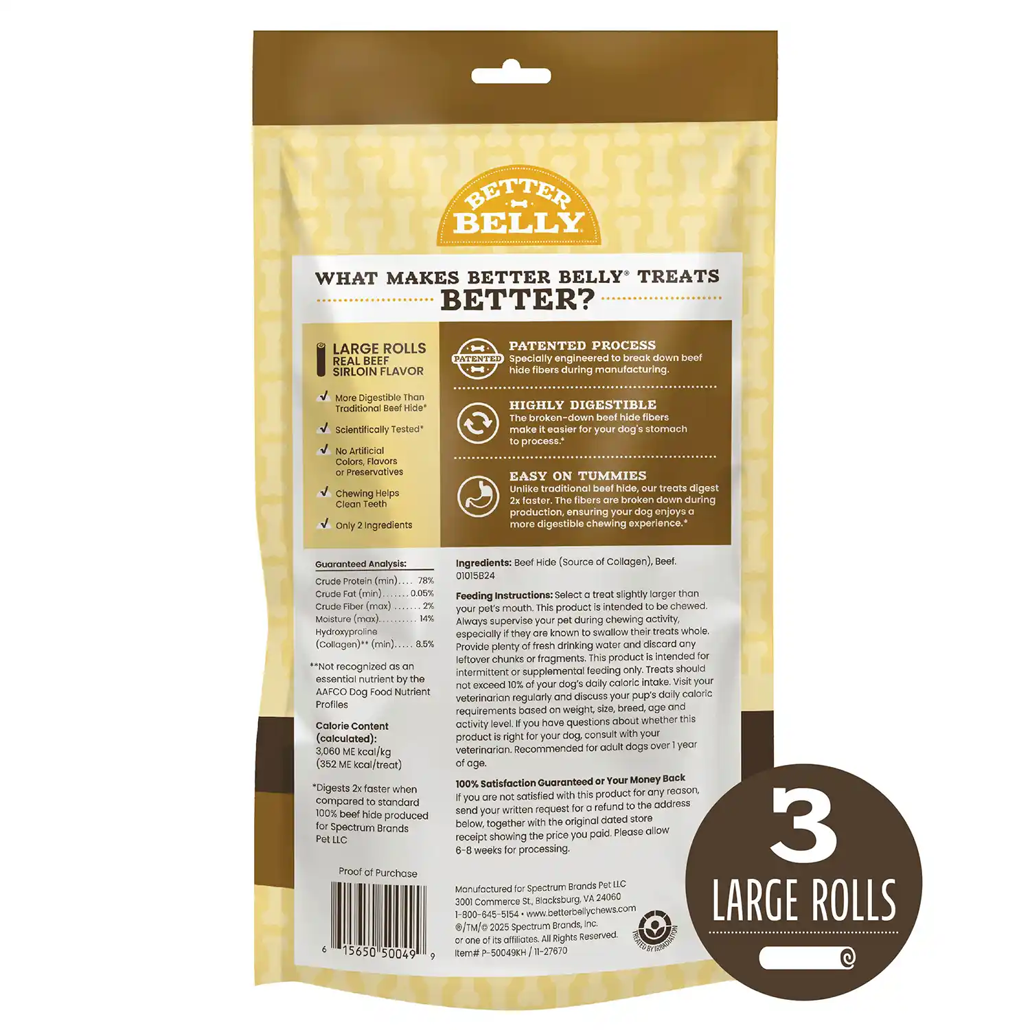 Better Belly Large Beef Sirloin Rolls Dog Chews, 3 Count Back Render