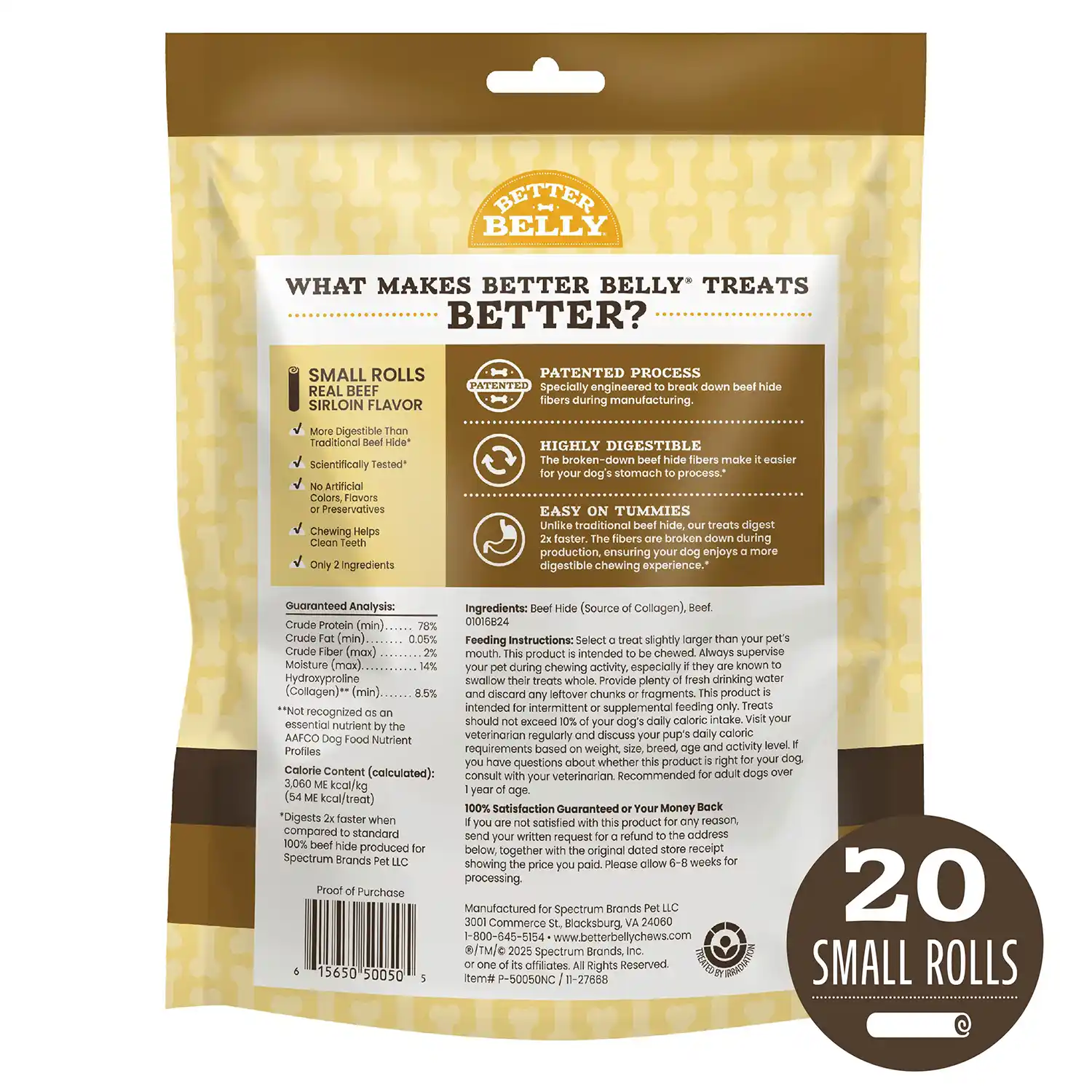 Better Belly Small Beef Sirloin Rolls Dog Chews, 20 Count Back Render