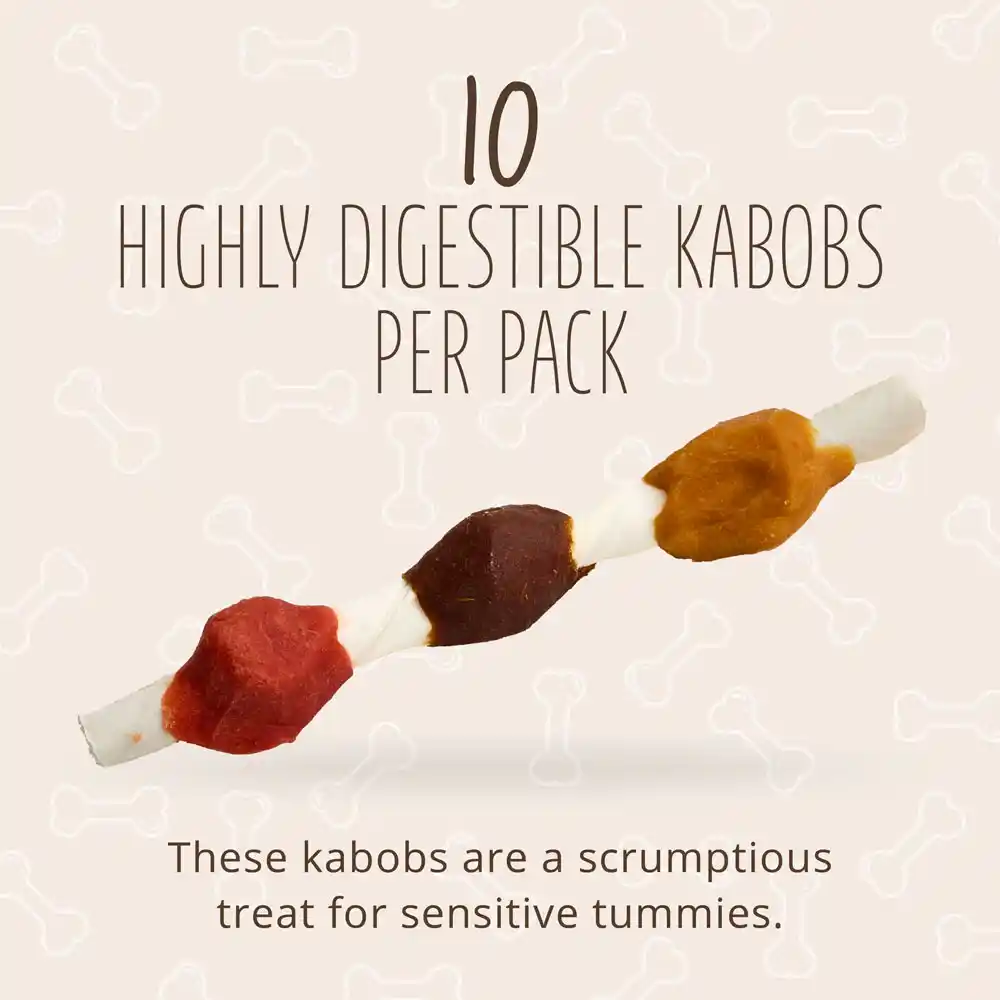 10 Digestible Kabobs per pack. These kabobs are a scrumptious treat for sensitive tummies.