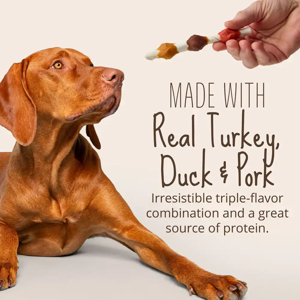 Made with real turkey, duck and pork. Irresistible triple-flavor combination and a great source of protein.