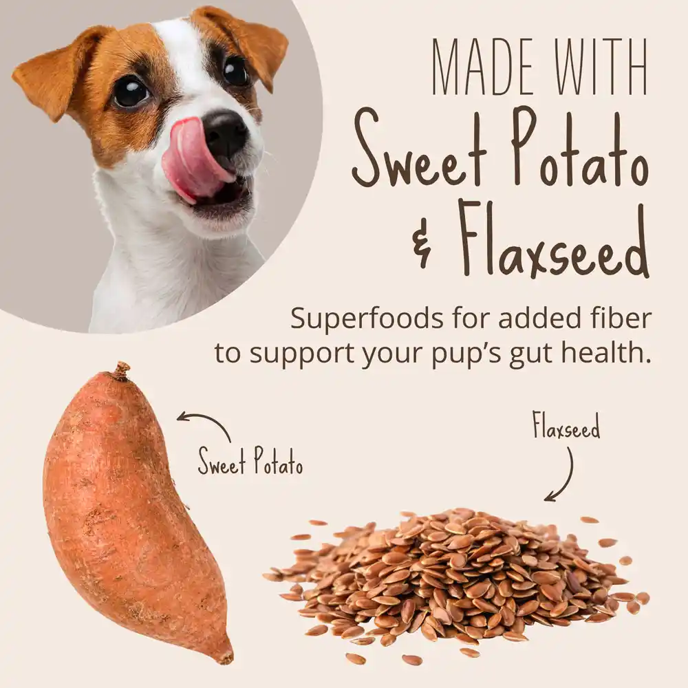 Made with sweet potato and flaxseed. Superfoods for added fiber to support your pup's gut health.