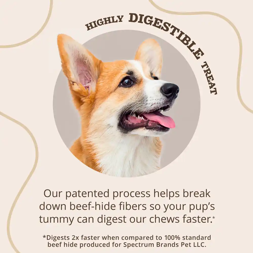 Highly digestible treat. Our patented process helps break down beef-hide fibers so your pup's tummy can digest our chews faster.