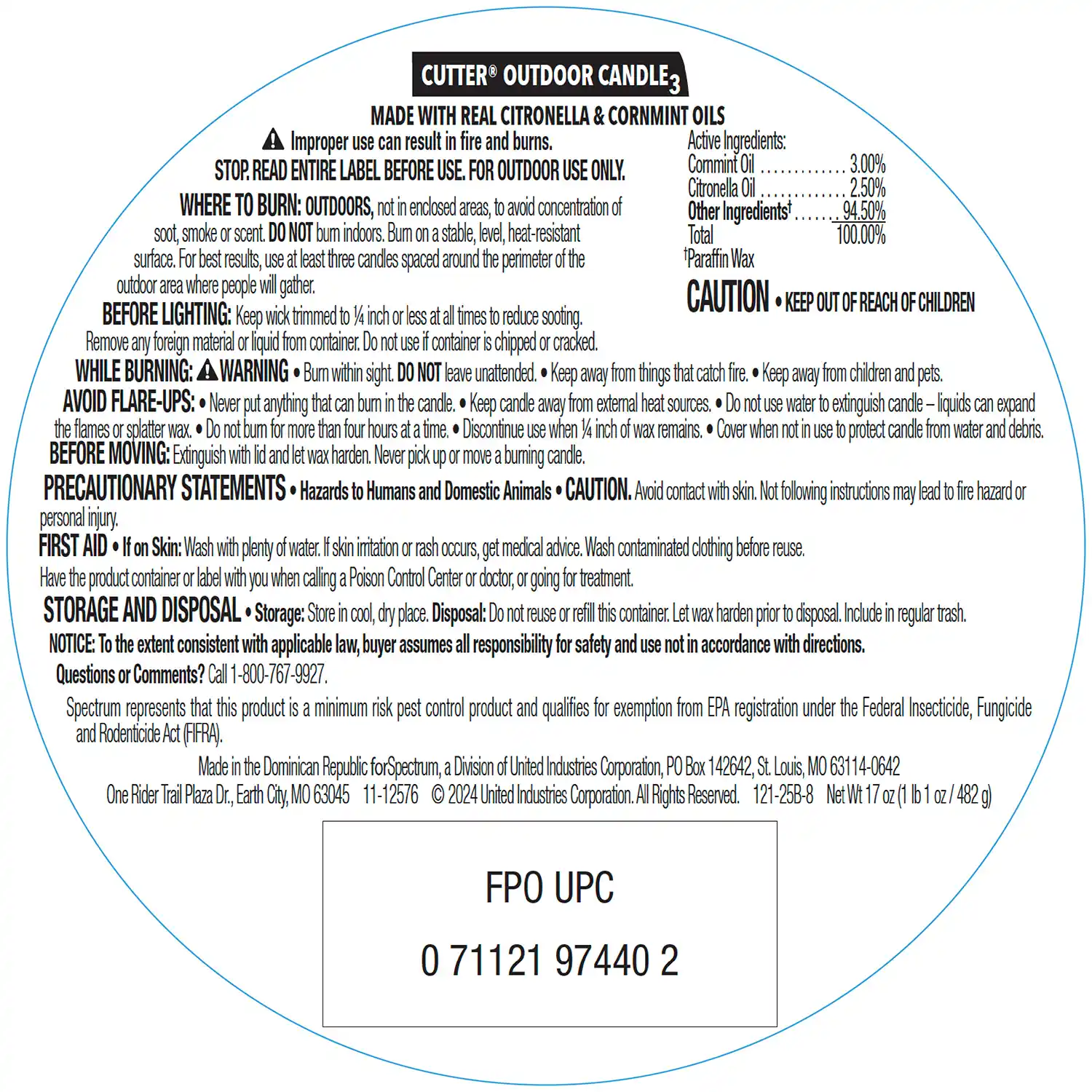 Cutter® Outdoor Candle2 (Blue Bucket), 17 oz Bottom Label