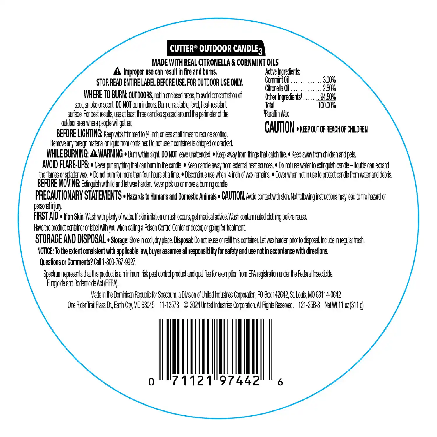 Cutter® Outdoor Candle2 (White Rope), 11 oz Bottom Label