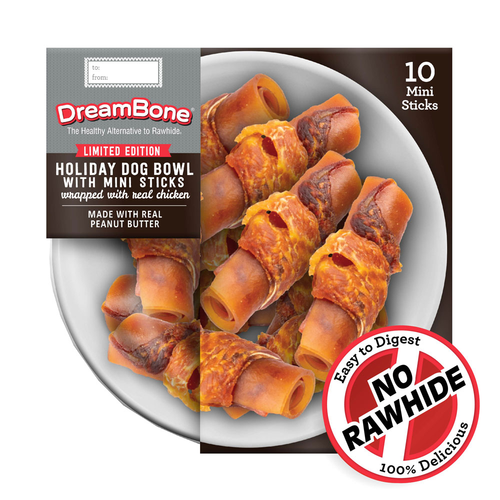 Holiday Dog Bowl with mini sticks wrapped with real chicken front of packaging