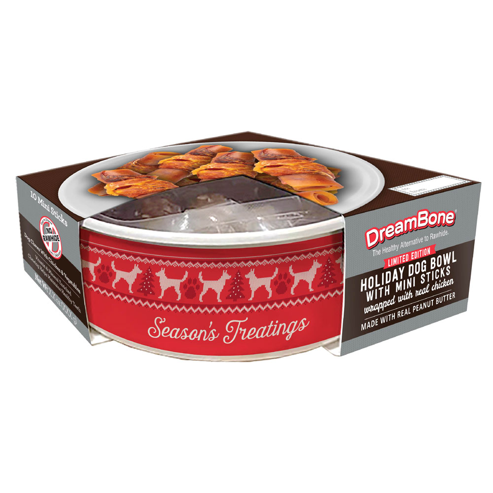 Holiday Dog Bowl with mini sticks wrapped with real chicken side of packaging