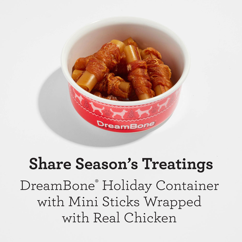 Share season's treatings. DreamBone Holiday container with mini sticks wrapped with real chicken
