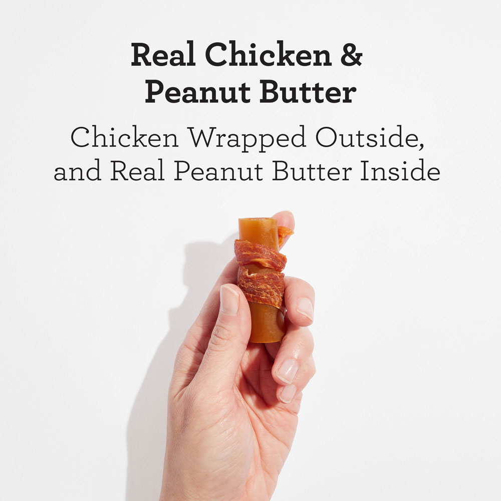 Real chicken and peanut butter. Chicken wrapped outside, and real peanut butter inside.