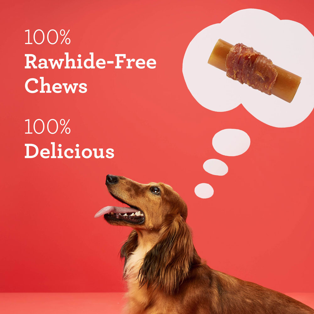 100 percent rawhide-free chews, 100 percent delicious