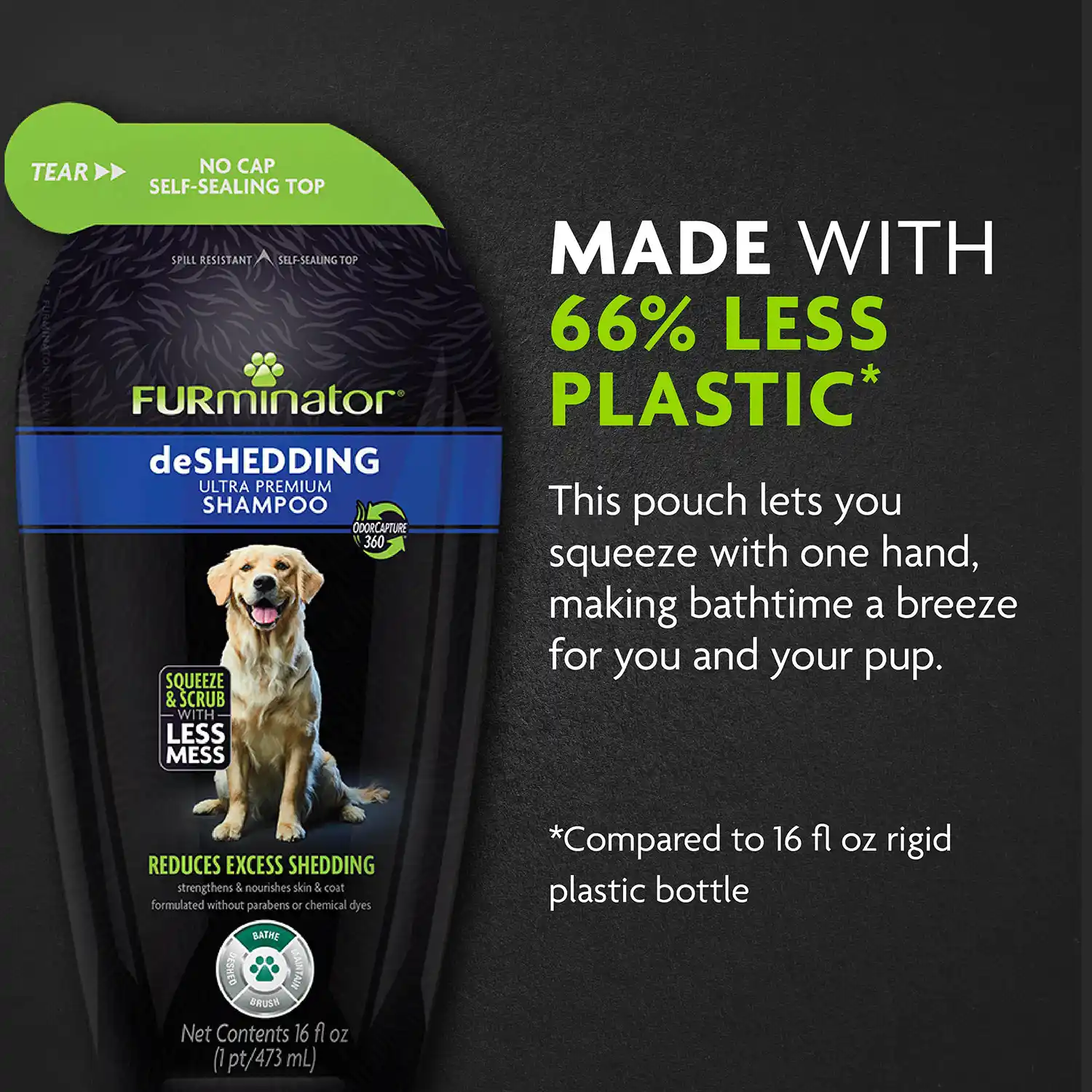 MADE WITH 66% LESS PLASTIC This pouch lets you squeeze with one hand, making bathtime a breeze for you and your pup.