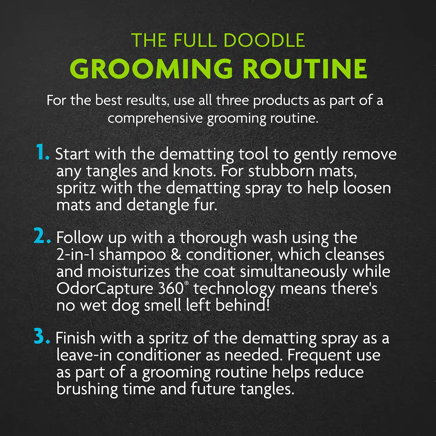 THE FULL DOODLE GROOMING ROUTINE For the best results, use all three products as part of a comprehensive grooming routine. Directions Below