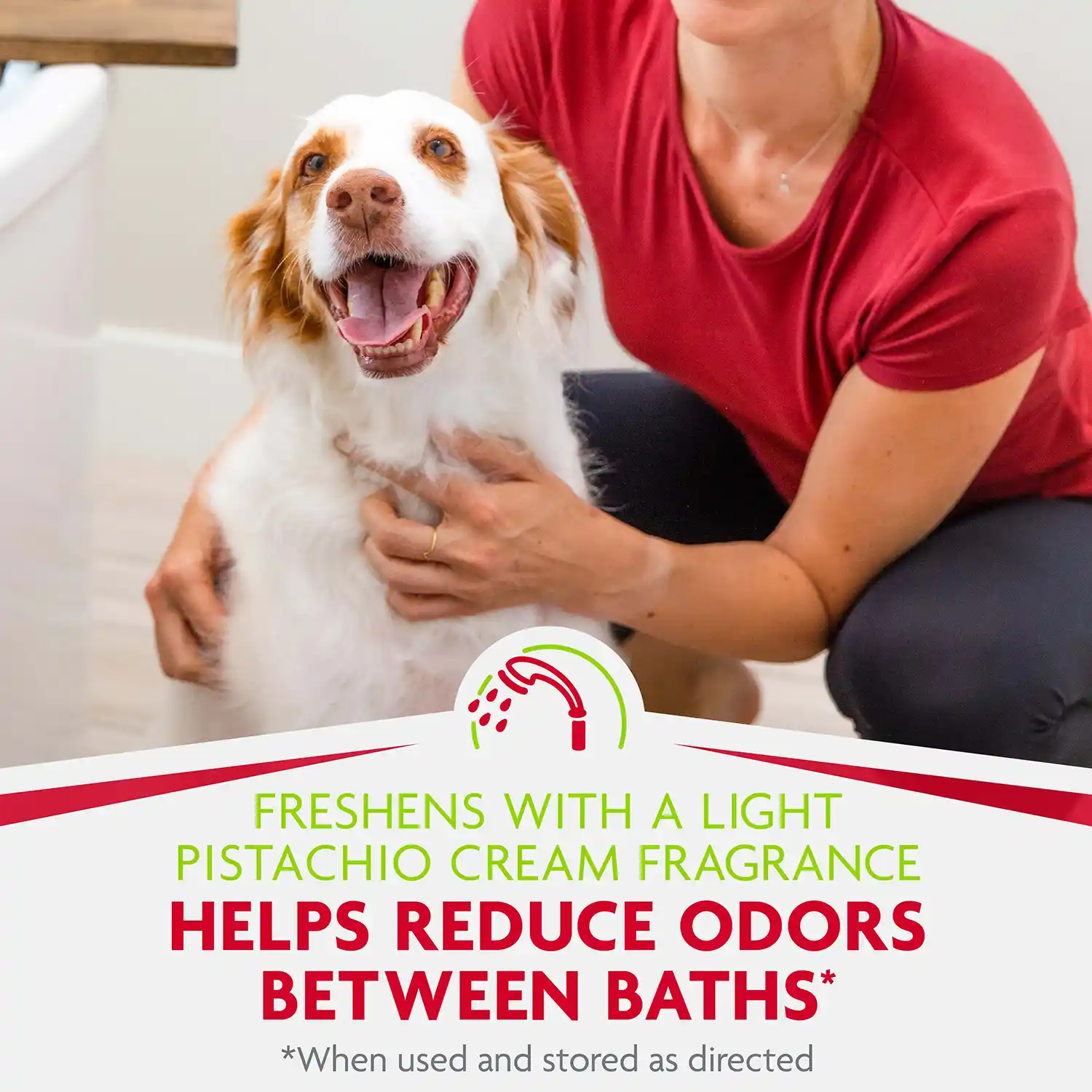 FRESHENS WITH A LIGHT PISTACHIO CREAM FRAGRANCE HELPS REDUCE ODORS BETWEEN BATHS* *When used and stored as directed