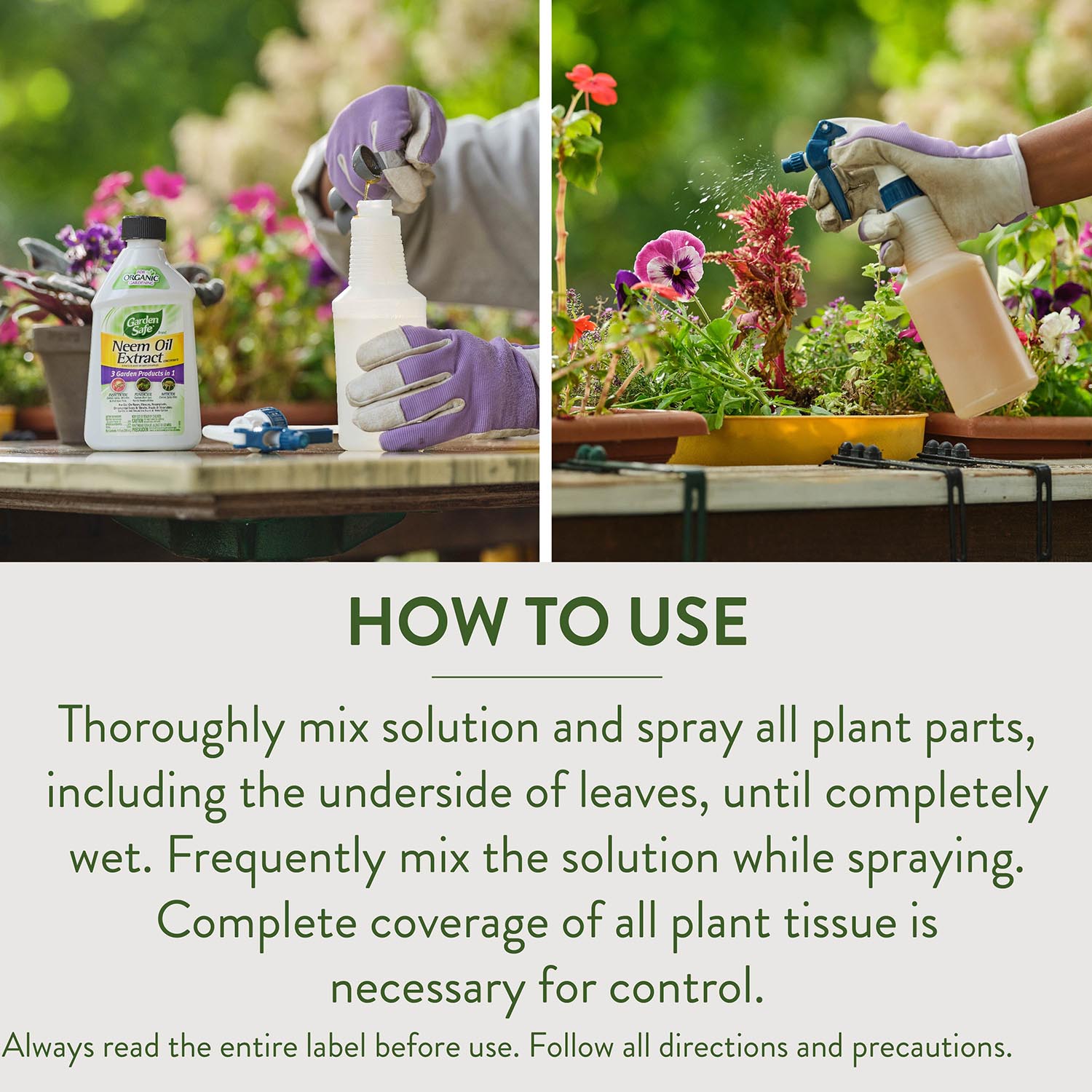 HOW TO USE Thoroughly mix solution and spray all plant parts, including the underside of leaves, until completely wet. Frequently mix the solution while spraying. Complete coverage of all plant tissue is necessary for control. Always read the entire label before use. Follow all directions and precautions.