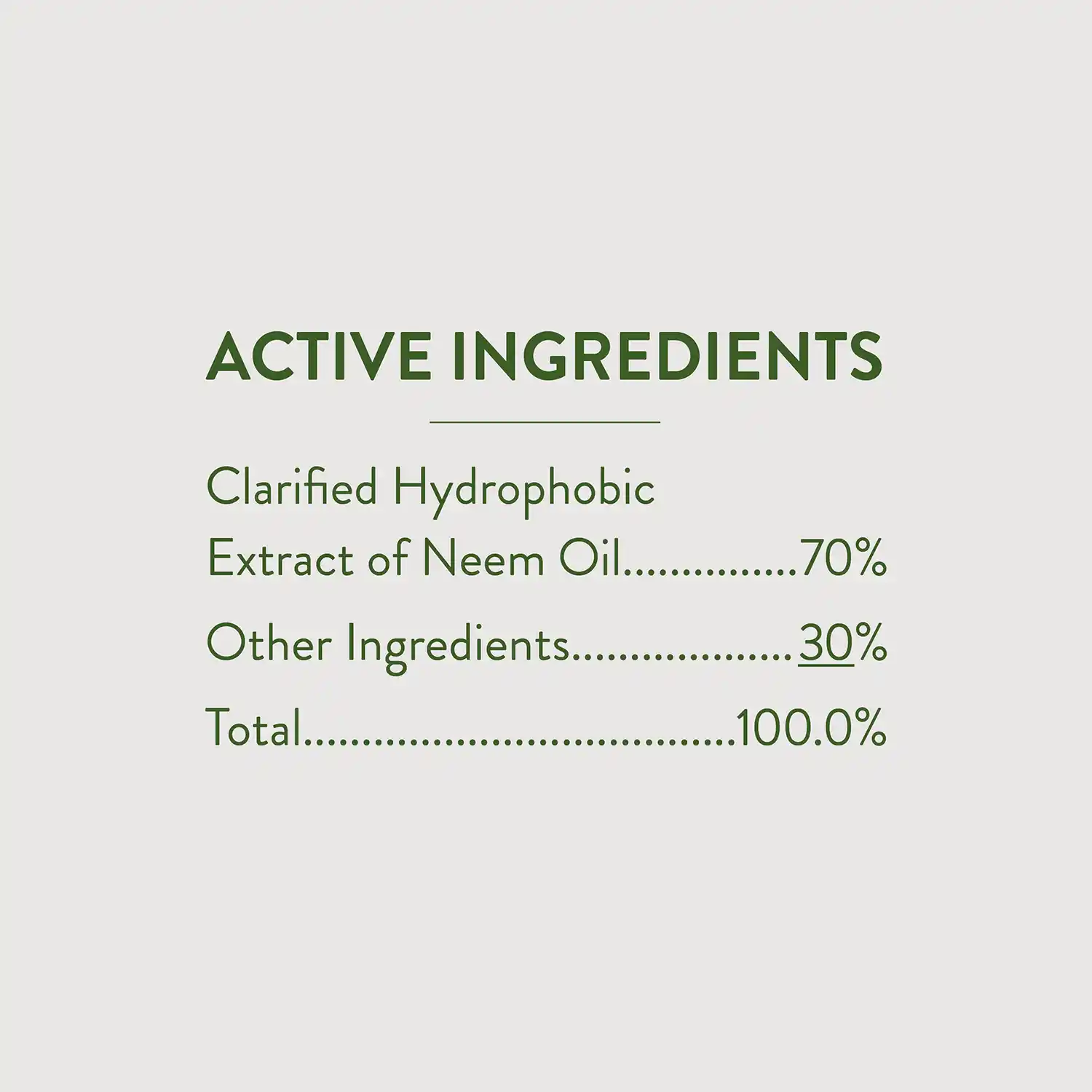 ACTIVE INGREDIENTS Clarified Hydrophobic Extract of Neem Oil: 70% | Other Ingredients: 30% |  Total: 100.0%