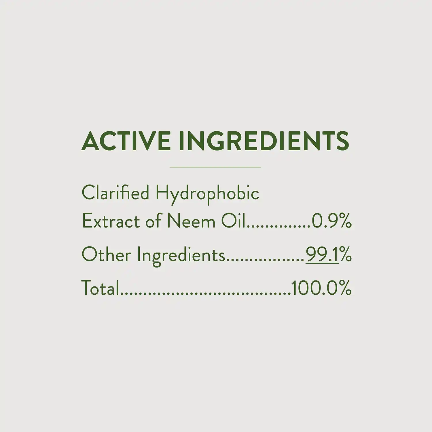 ACTIVE INGREDIENTS Clarified Hydrophobic Extract of Neem Oil: 0.9% | Other Ingredients: 99.1% |  Total: 100.0%