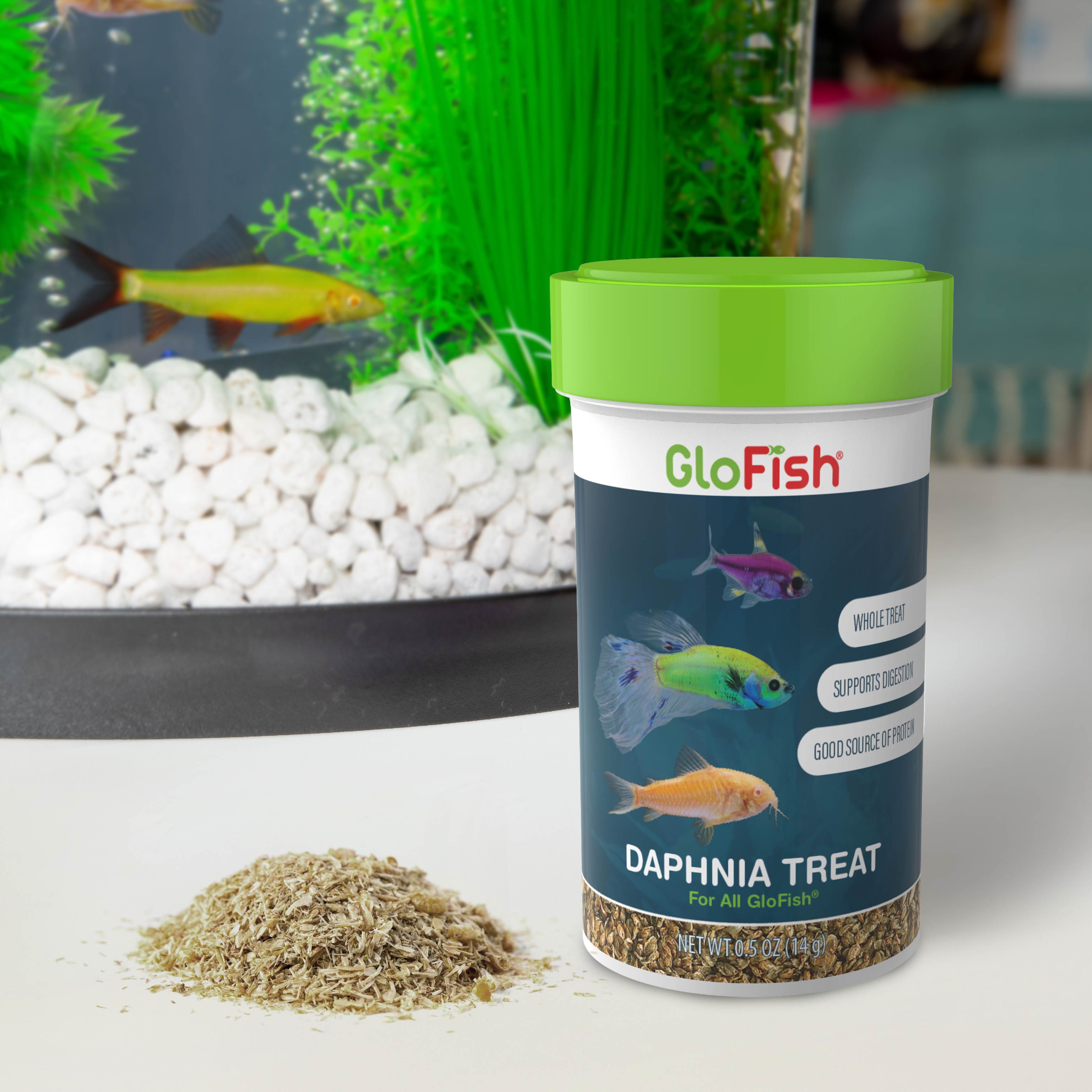 product in front of fish tank