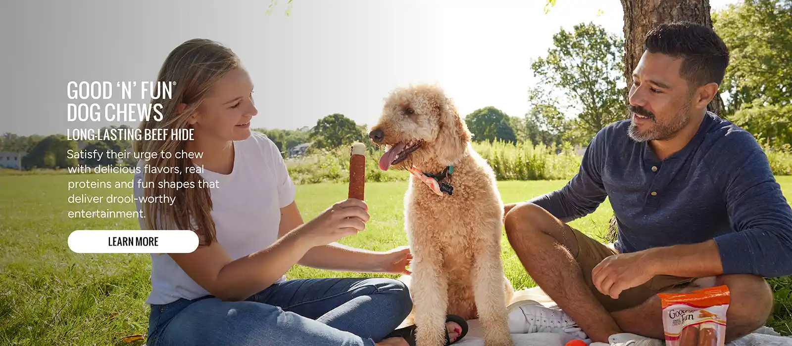 Good'n'Fun Dog Chews. Long-Lasting beef hide. Learn More!