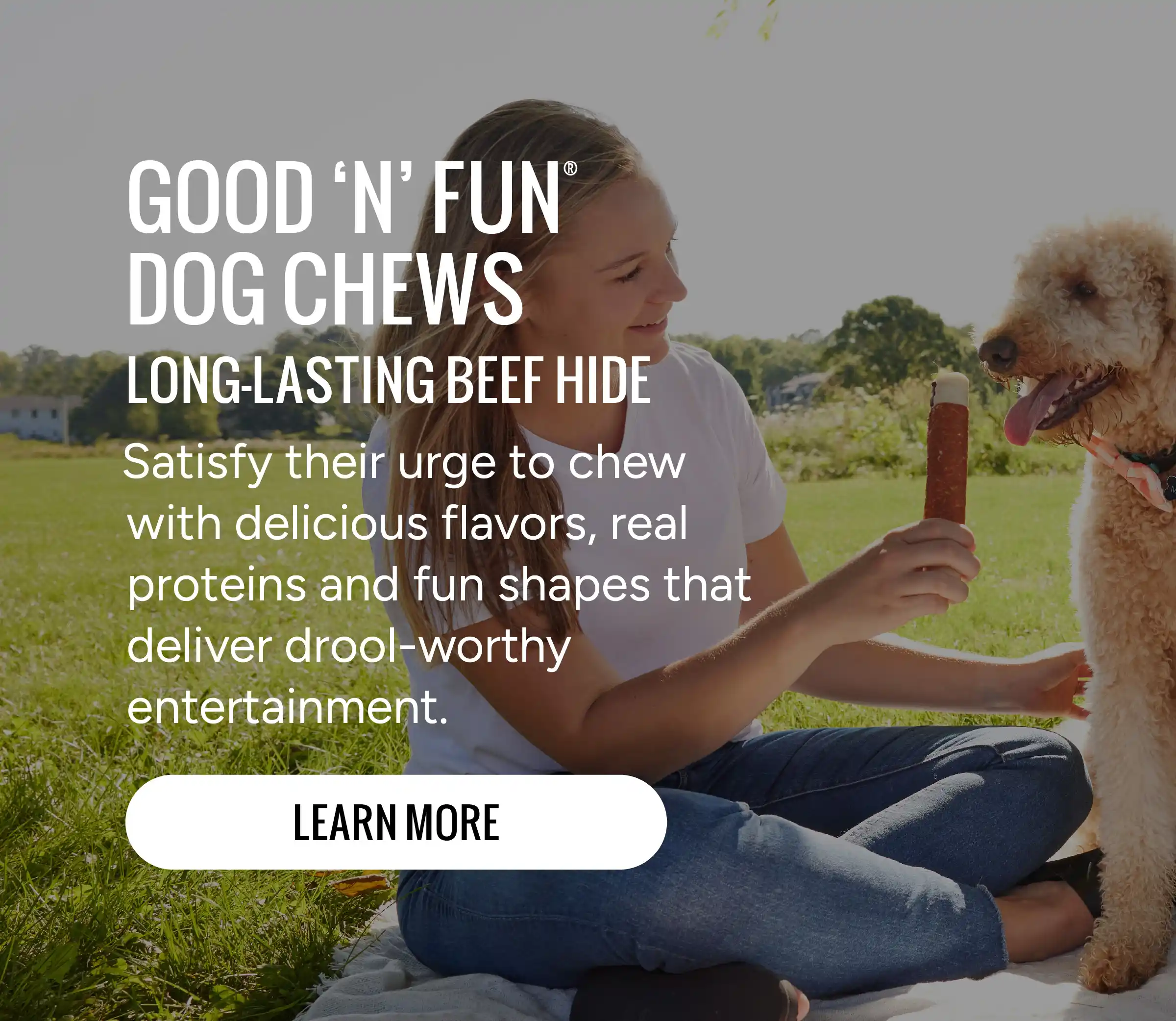 Good'n'Fun Dog Chews. Long-Lasting beef hide. Learn More!