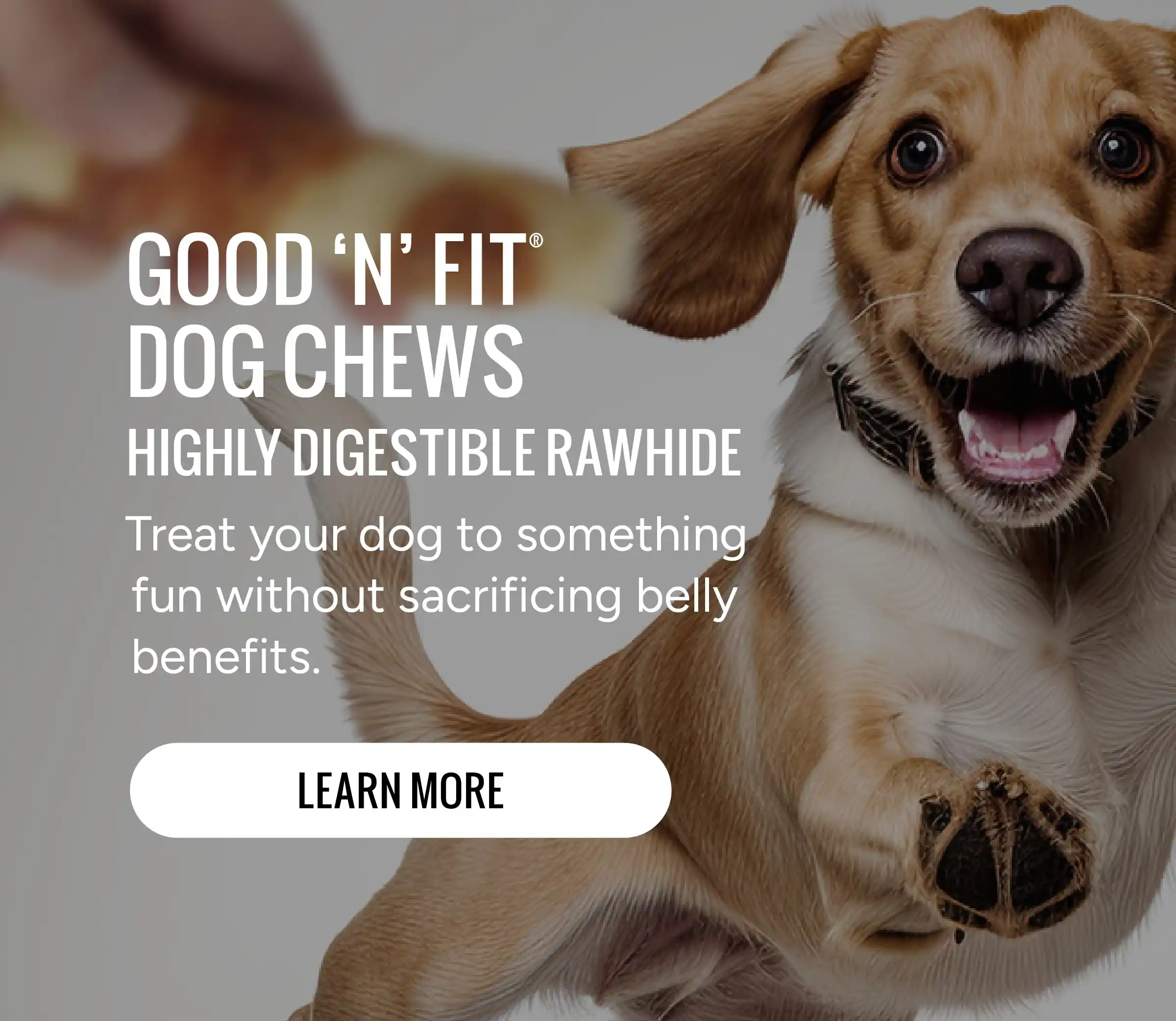Good'n'Fit Dog Chews. Highly Digestible Rawhide. Learn More!