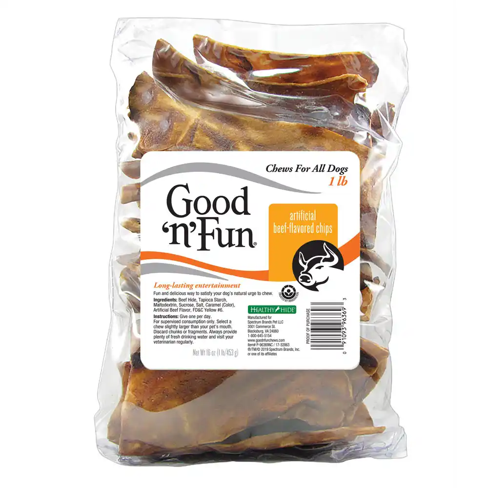 Good ‘n’ Fun Artificial Beef-Flavored Chips, Gourmet Dog Chews for All Dogs, Treat Your Dog to Long-Lasting Chews Made with Beef Hide & Artificial Beef Flavor - front of package