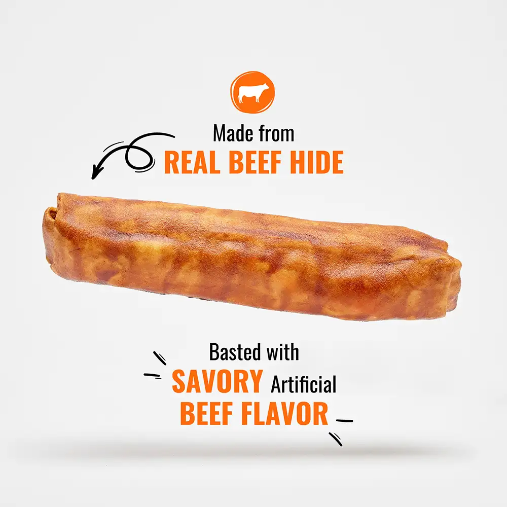Great source of protein, premium chicken, long lasting beef hide, artificial pork flavor