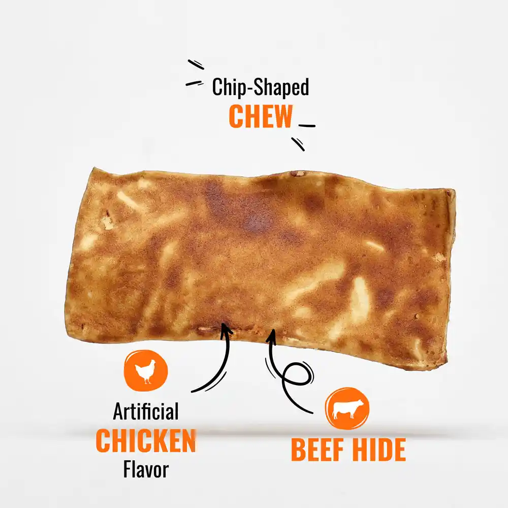 Chip-shaped chew, artificial chicken flavor, beef hide
