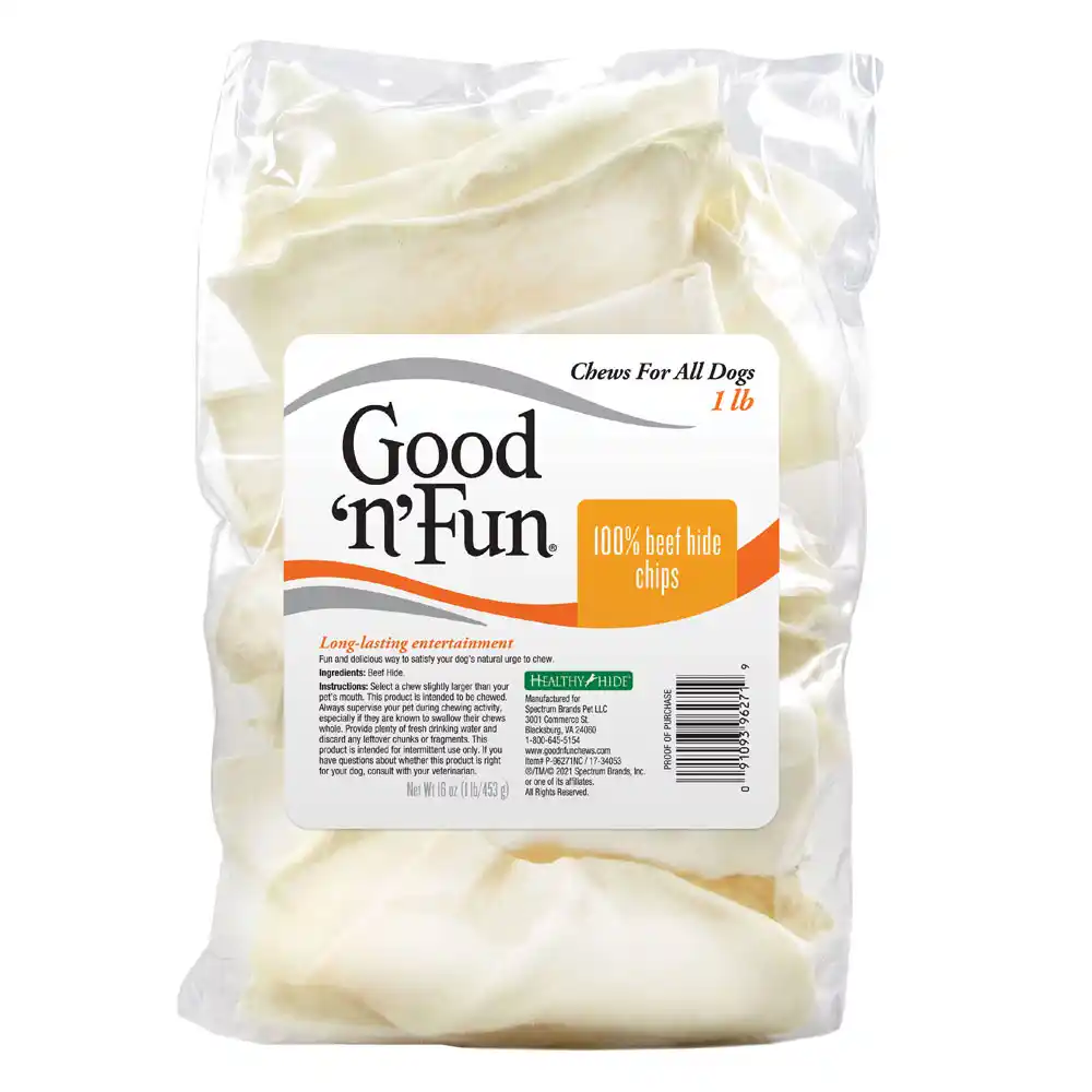 Good ‘n’ Fun 100% Beef Hide Chips, Gourmet Dog Chews for All Dogs, Treat Your Dog to Long-Lasting Chews Made with Real Beef Hide - front of package