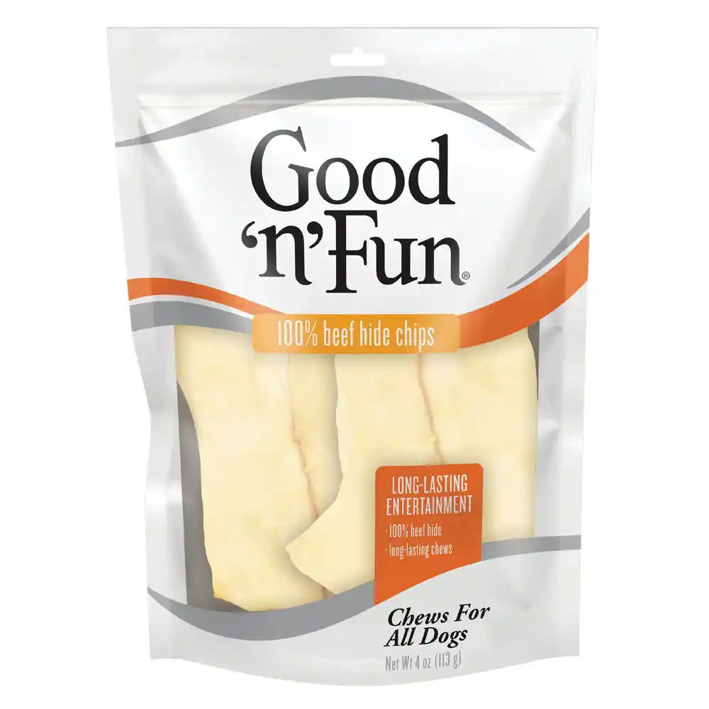 Good ‘n’ Fun 100% Beef Hide Chips, Gourmet Dog Chews for All Dogs, Treat Your Dog to Long-Lasting Chews Made with Real Beef Hide - Front of package
