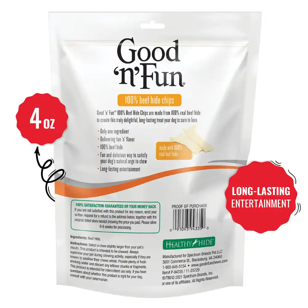 Good ‘n’ Fun 100% Beef Hide Chips, Gourmet Dog Chews for All Dogs, Treat Your Dog to Long-Lasting Chews Made with Real Beef Hide - Back of package