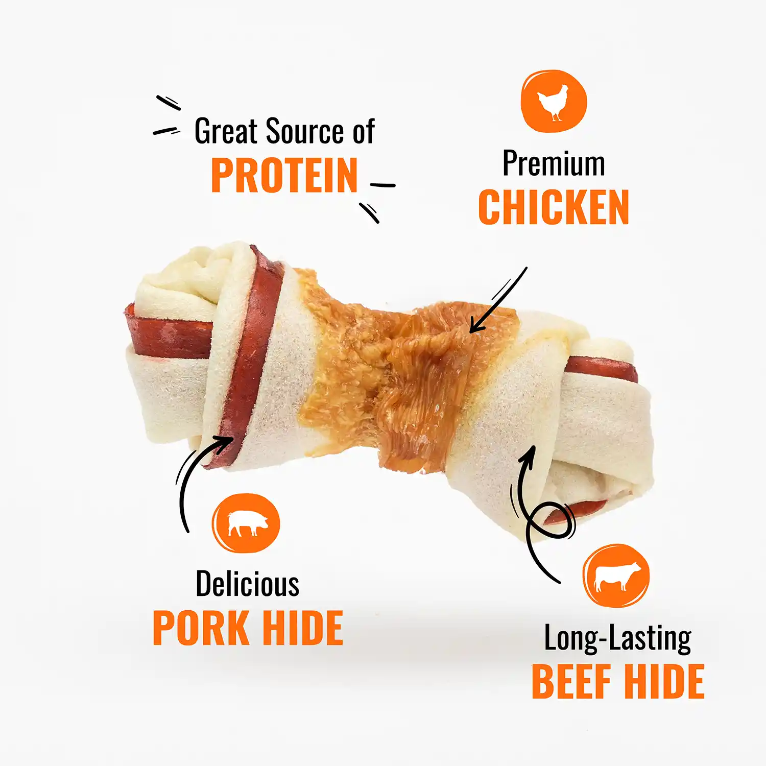 Premium Chicken, Great Source of Protein, Delicious Pork Hide, Long-Lasting Beef Hide