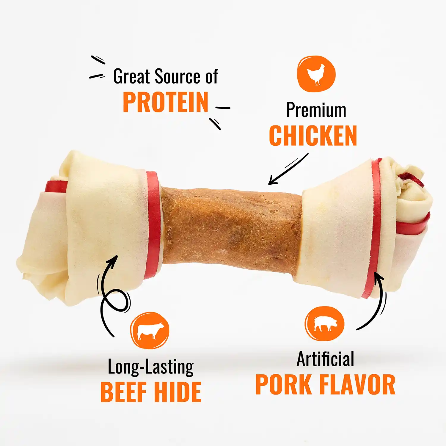 Premium Chicken, Great Source of Protein, Long-Lasting Beef Hide, Artificial Pork Flavor