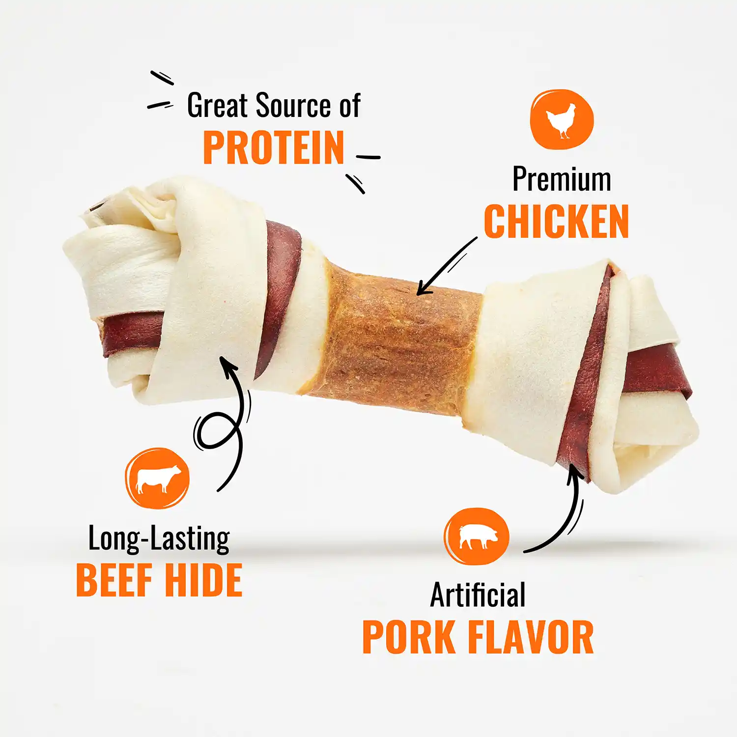 Premium Chicken, Great Source of Protein, Long-Lasting Beef Hide, Artificial Pork Flavor
