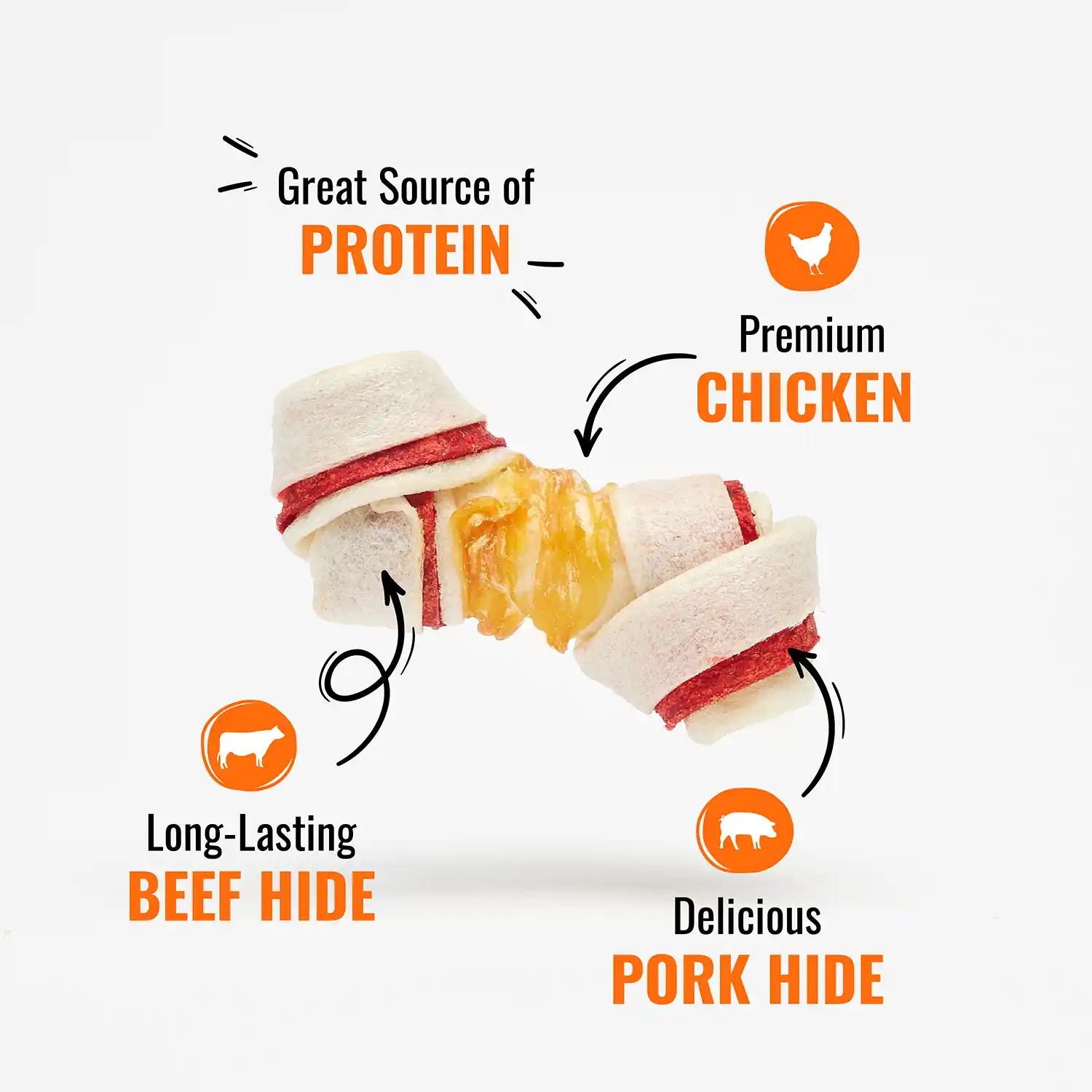 Premium Chicken, Great Source of Protein, Long-Lasting Beef Hide, Delicious Pork Hide