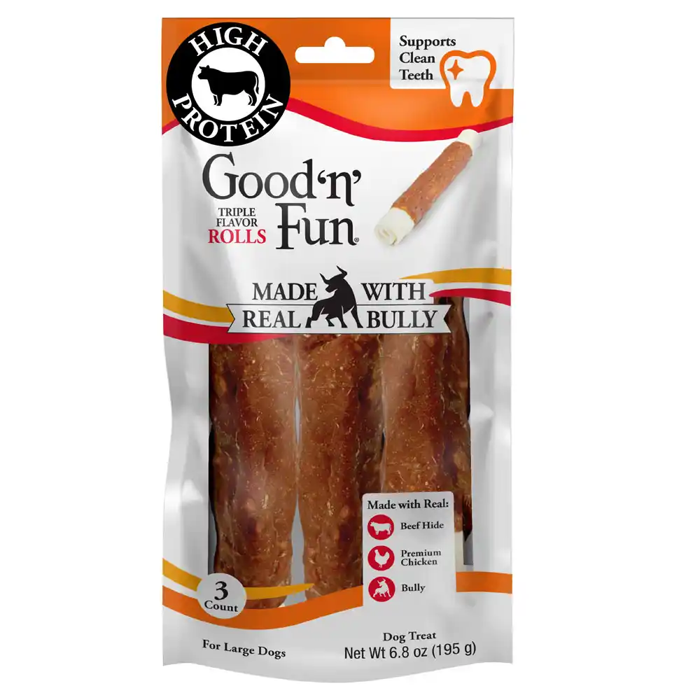 Good'n'Fun Triple Flavor Rolls with Real Bully front of packaging 3 count