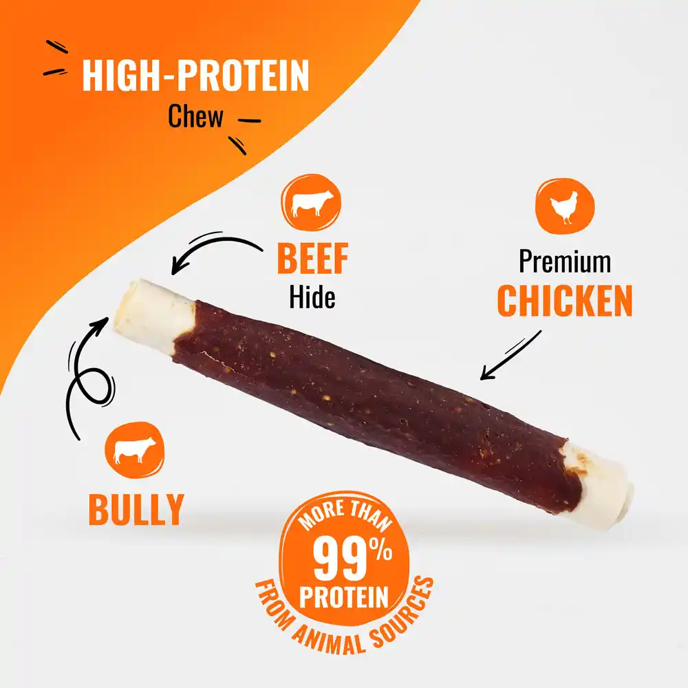 High protein chew. Beef hide, premium chicken, bully. More than 99% protein from animal sources.