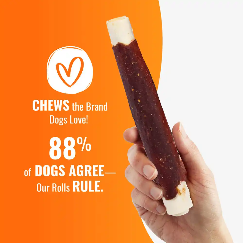 Chews the brand dogs love~ 88% of dogs agree - our rolls rule. 