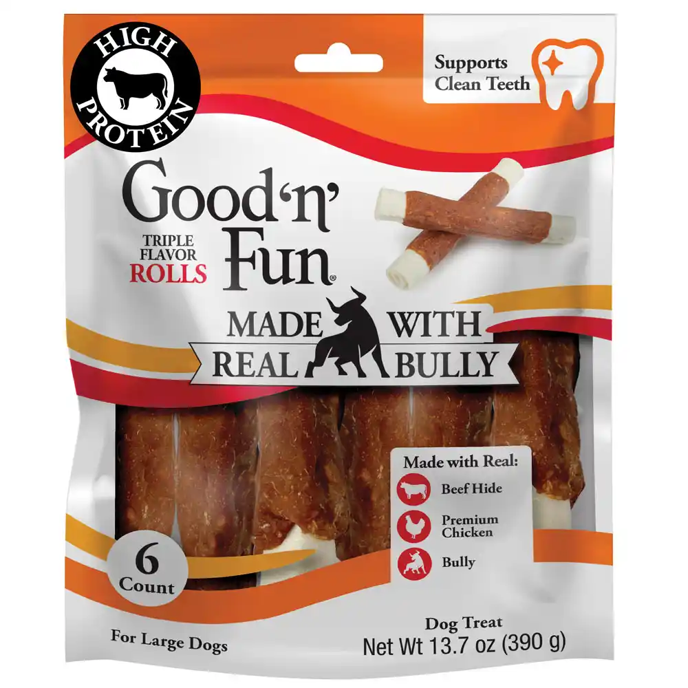 Good'n'Fun Triple Flavor Rolls with Real Bully front of packaging 6 count