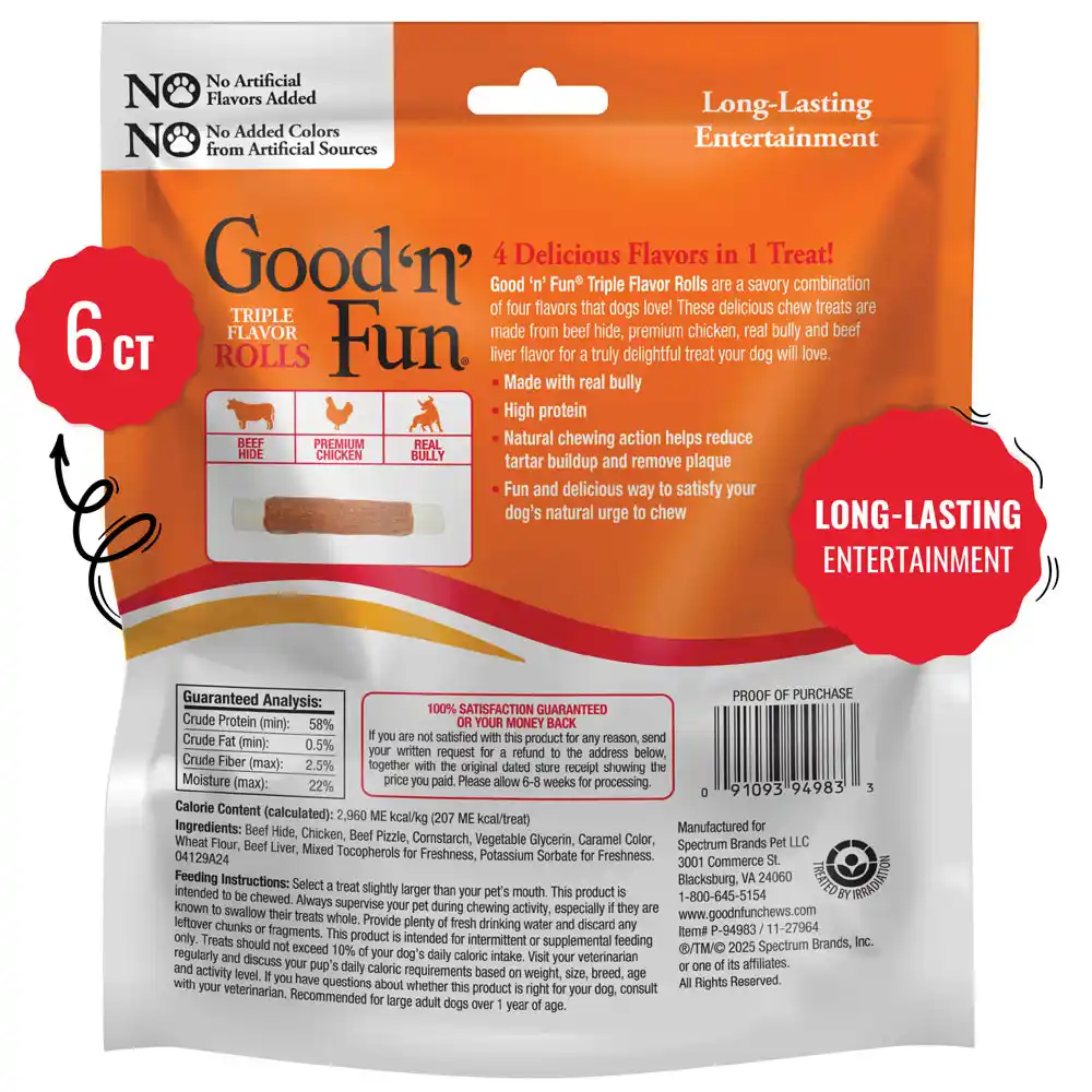 Good'n'Fun Triple Flavor Rolls with Real Bully back of packaging 6 count