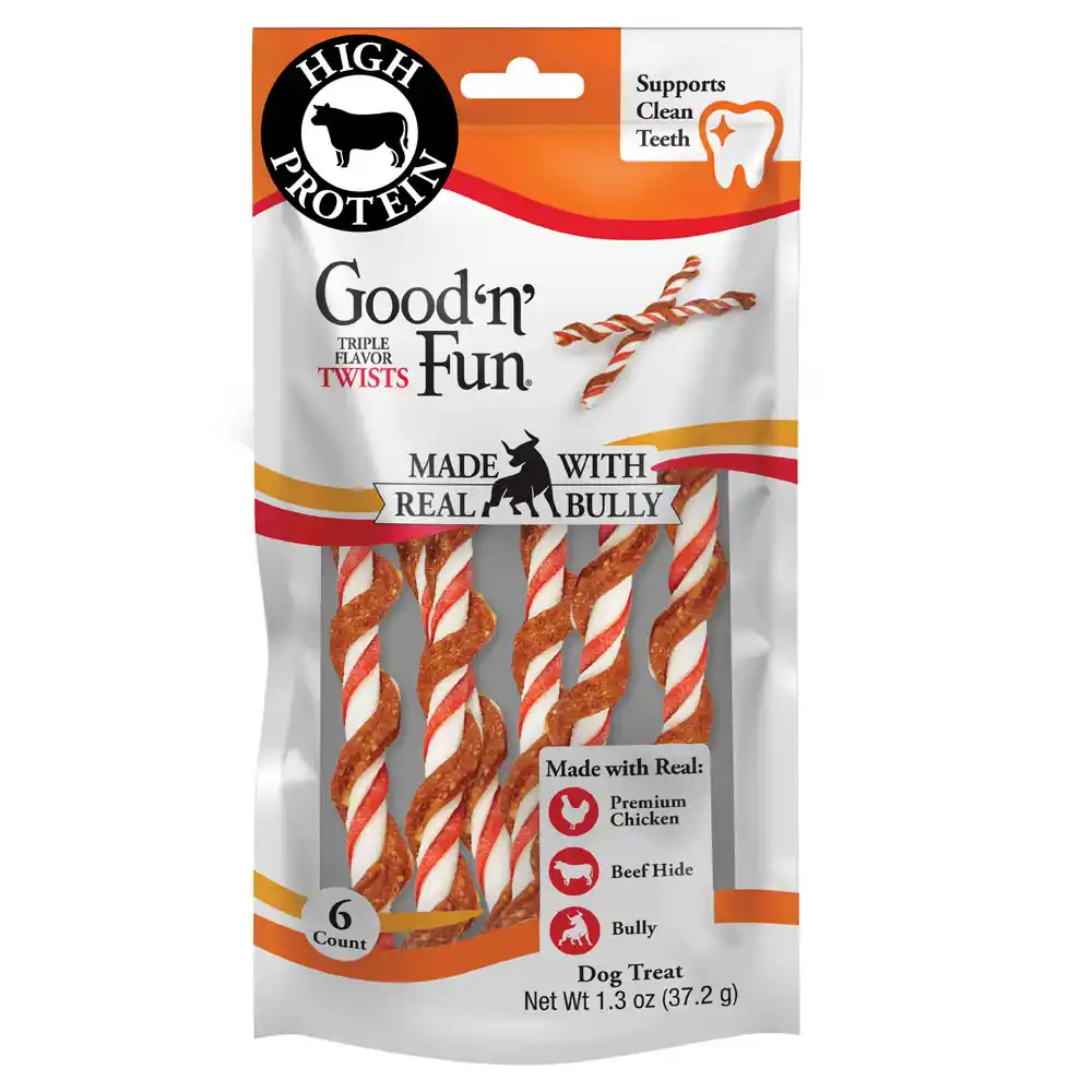 Good'n'Fun triple flavor twists with real bully front of packaging 6 count