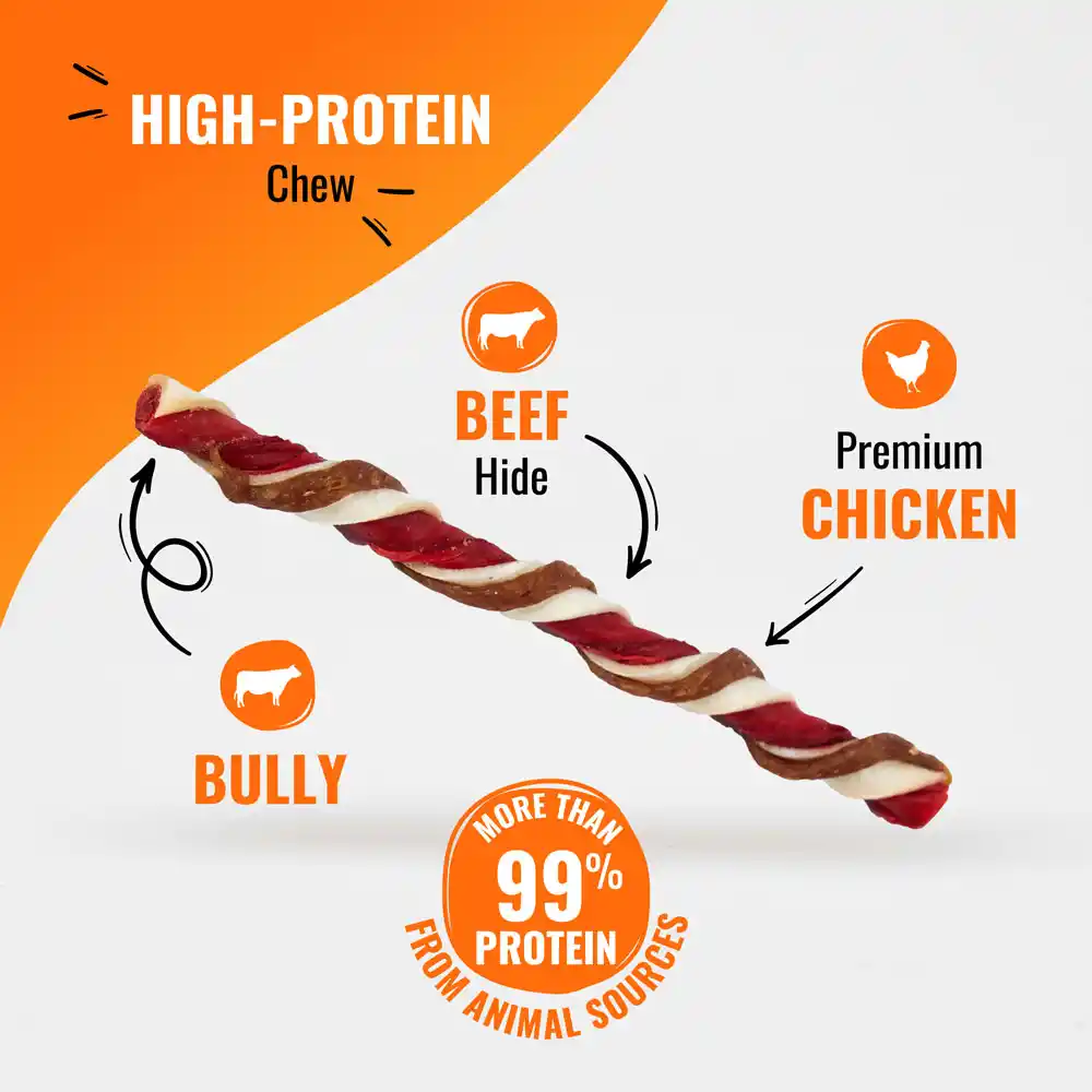 High protein chew, with beef hide, premium chicken and bully. More than 99% protein from animal sources. 