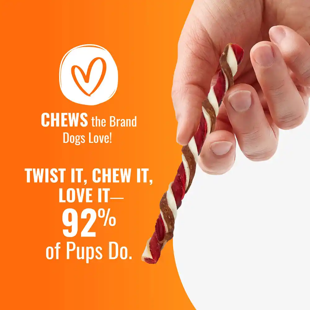 Chews the brand dogs love. Twist it, chew it, love it - 92% of pups do.