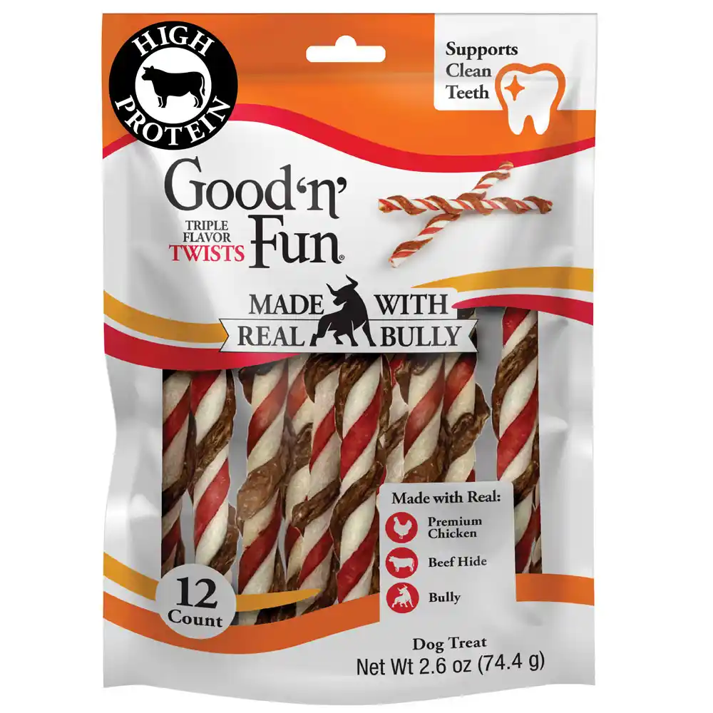 Good'n'Fun triple flavor twists with real bully front of packaging 12 count