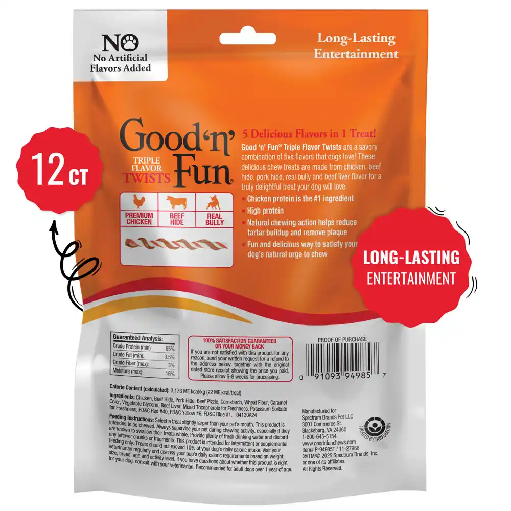 Good'n'Fun triple flavor twists with real bully back of packaging 12 count