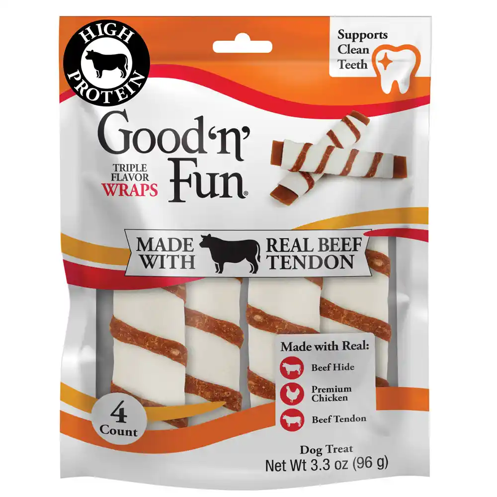 Good'n'Fun Triple flavor wraps made with real beef tendon front of packaging 4 count