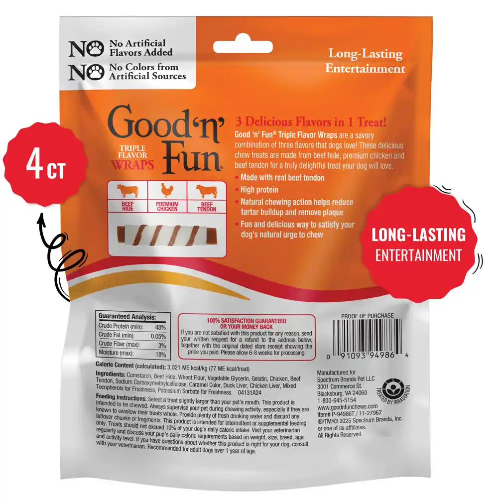 Good'n'Fun Triple flavor wraps made with real beef tendon back of packaging 4 count