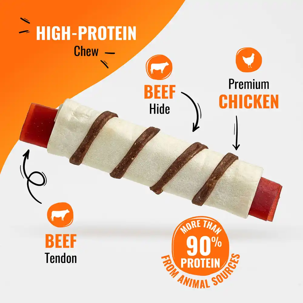 High protein chew with beef hide, premium chicken and beef tendon. More than 90% protein from animal sources.
