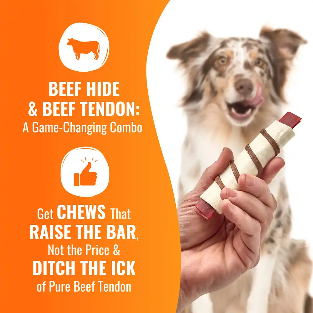 Beef hide and beef tendon: a game-changing combo. Get chews that raise the bar, not the price and ditch the ick of pure beef tendon.