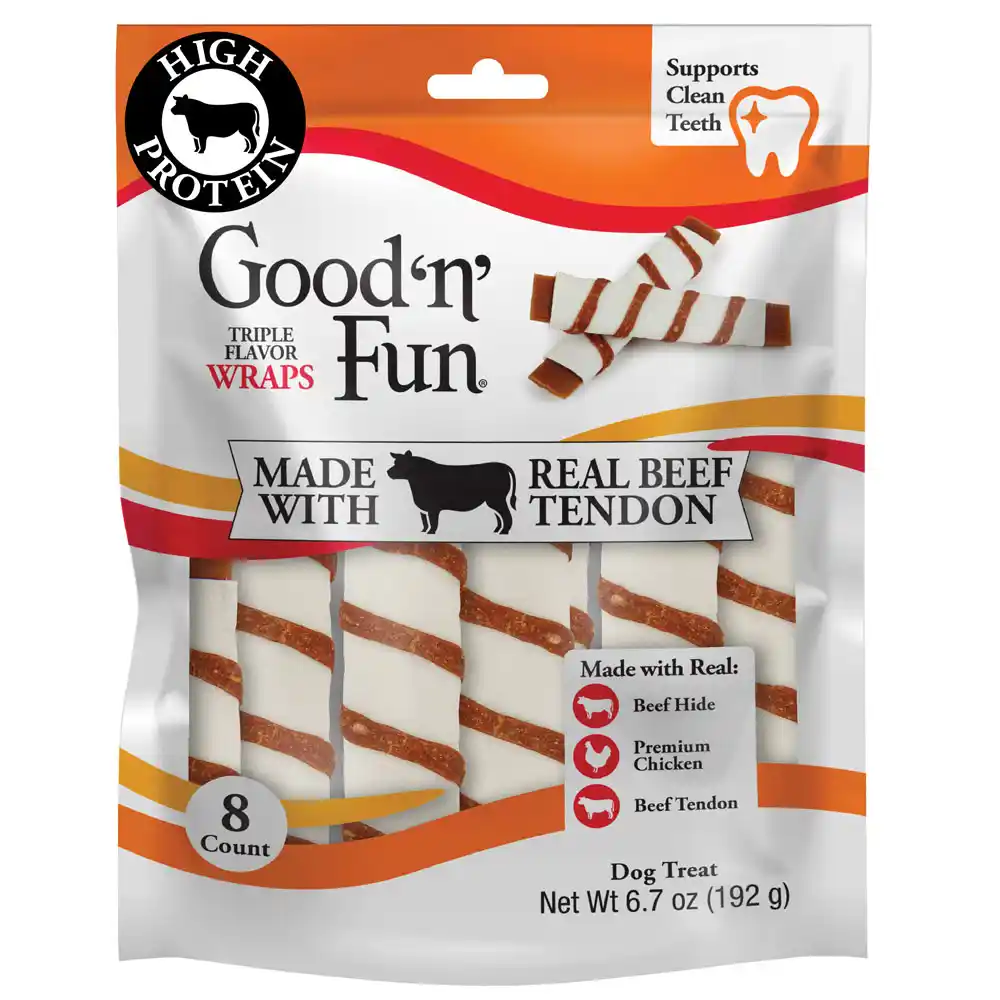 Good'n'Fun Triple flavor wraps made with real beef tendon front of packaging 8 count