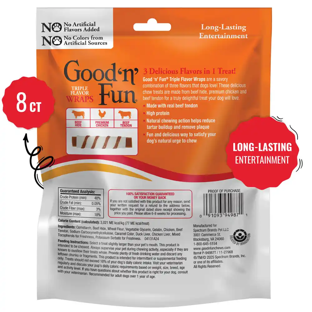 Good'n'Fun Triple flavor wraps made with real beef tendon back of packaging 8 count